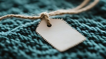 a textured white tag tied to a teal knit blanket with tan string. 