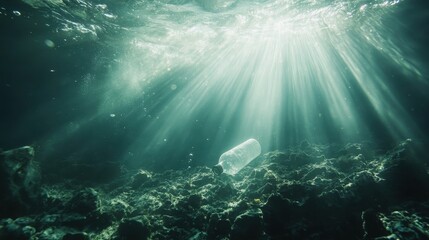 Obraz premium Sunlight pierces water to illuminate plastic bottle on ocean floor. Use to highlight pollution and the need for environmental protection.