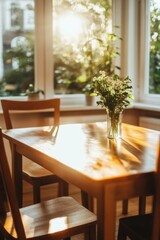 Obraz premium Serene minimalist dining room with sunlit green floral centerpiece for modern interior design