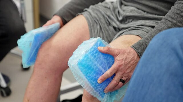 Unrecognized male patient sitting on the couch holding cooling pads at his knees. Plasmolifting therapy in orthopedics.