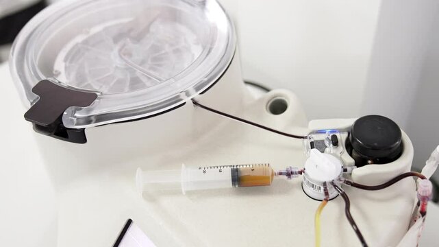 Advanced medical machine with centrifuge producing plasma from blood. Preparing plasma concentrate for prp therapy. Top view.