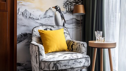 Cozy room showcasing stock photography with a patterned chair, yellow pillow, and penguin figurine.