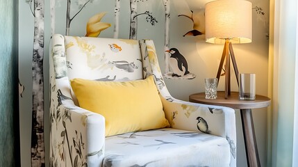Cozy room showcasing stock photography with a patterned chair, yellow pillow, and penguin figurine.