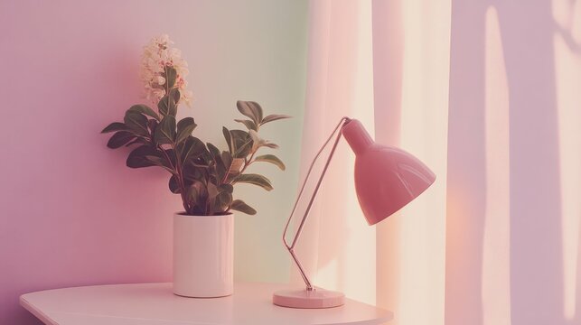 Tranquil bedroom scene with red lamp and potted plant on nightstand - Powered by Adobe