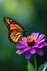 Fototapeta premium Monarch butterfly feeding on bright purple flower , garden, nature photography, color