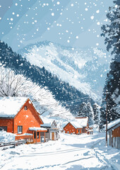 Fototapeta premium Charming alpine village covered in snow, nestled among majestic mountains, with wooden chalets and a serene winter atmosphere under a bright blue sky