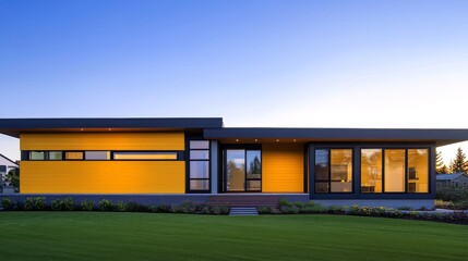 Fototapeta premium Modern yellow house with large windows at sunset, surrounded by green lawn and landscaping