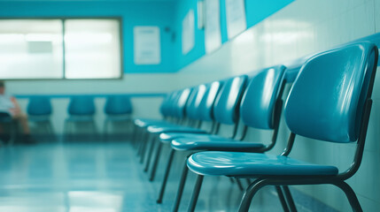 Blue chairs in a hospital waiting area with patients in the background. Clean and organized medical environment