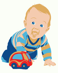 Happy baby crawling and playing with toy car