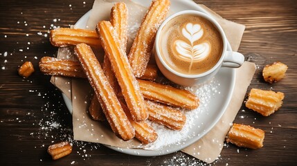 A top-down view of a plate of churros with a coffee cup.