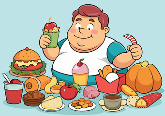 Obese man eating unhealthy food and gaining weight