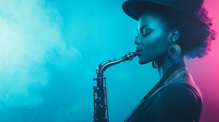 Stylish Black woman playing the saxophone in moody neon lighting