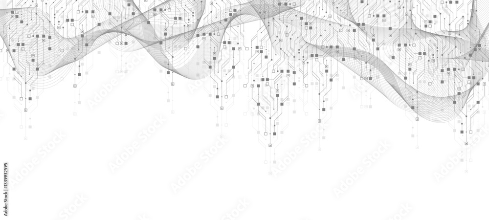 Leinwandbilder Artificial Intelligence or machine learning vector design. Quantum computer technology concept with circuit board and motherboard texture background design. Waves flow quantum explosion