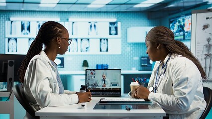 Obraz premium Physician calling the expert practitioner on video conference with a patient, creating a telehealth consultation for a second opinion. Medical staff using high tech equipment at clinic. Camera B.