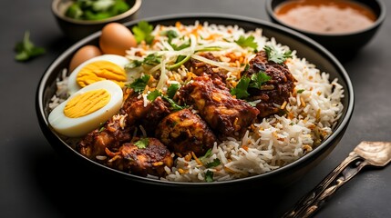 A beautifully plated Indian biryani with aromatic basmati rice, tender pieces of spiced chicken, garnished with fried onions, boiled egg, and fresh coriander. 