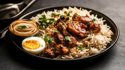 Fototapeta premium A beautifully plated Indian biryani with aromatic basmati rice, tender pieces of spiced chicken, garnished with fried onions, boiled egg, and fresh coriander. 