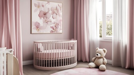 A sweet nursery scene showcases a round crib with a light wood frame.