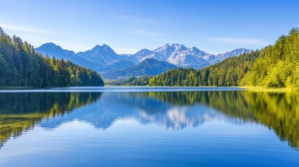 Fototapeta premium Serene lake reflecting majestic mountains under a clear blue sky with lush green forests