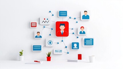 Business network concept with connected profile icons and data charts on white wall. Modern corporate teamwork and communication visualization.