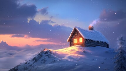A lonely wooden cabin on a snowy mountain peak, warm light glowing from the windows --ar 16:9 --v 6.1 Job ID: d4e7a89f-9364-4387-8396-2db6b41359fb