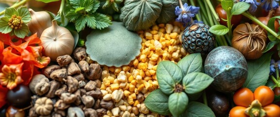 Close-up of various herbs arranged for scientific analysis, natural, investigation