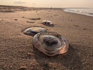 A jellyfish was washed ashore on the sandy beach during the beautiful sunset, showcasing natures...