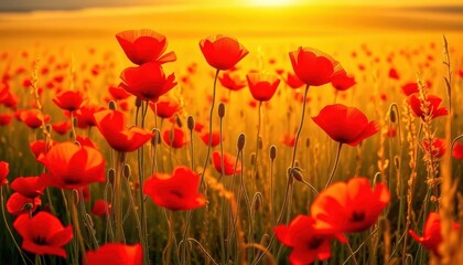 Fototapeta premium Vibrant red poppies bathed in golden sunlight, swaying gently in a vast field, golden hour, picturesque