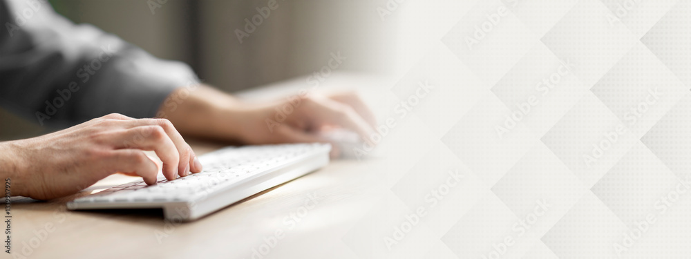 Poster Unrecognizable Man Typing On Computer Keyboard And Using Wireless Mouse While Sitting At Desk, Cropped Shot Of Young Office Employee At Workplace, Writing Email, Working On Pc, Closeup