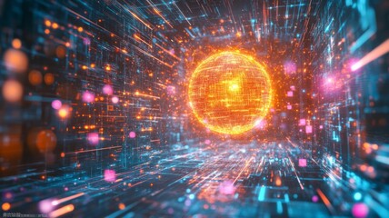 Obraz premium Glowing Sphere Within A Digital Network Tunnel