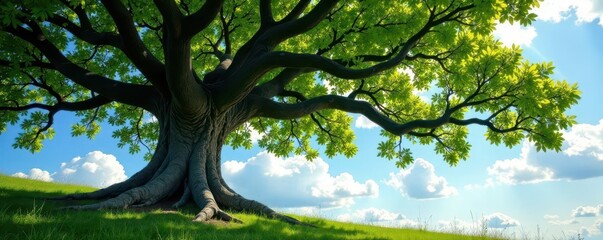 Ancient beech, gnarled branches reaching skyward, organic, sky