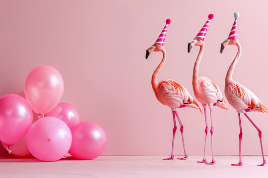 Colorful flamingo bird trio in funky outfits on bright background for birthday party advertisement