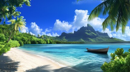 Naklejka premium Serene tropical beach with a wooden boat, lush greenery, and majestic mountains in the background