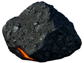 A hyperrealistic volcanic rock with rough texture and molten lava detailing