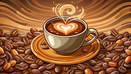 Obraz premium steaming cup of mocha with a heart-shaped latte art design, resting on a bed of scattered coffee beans