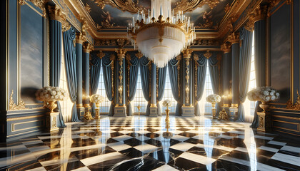 Obraz premium Digital illustration luxurious room grand chandelier hanging from Interior of a castle