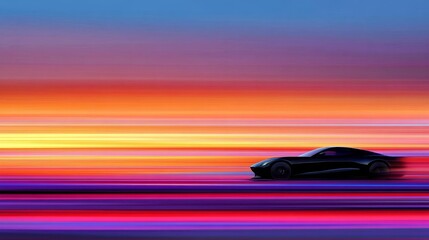 Sleek car speeding through a vibrant sunset landscape, showcasing motion and energy
