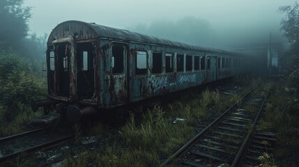 Obraz premium Abandoned Train in Foggy Landscape with Rust and Graffiti on Railway Tracks