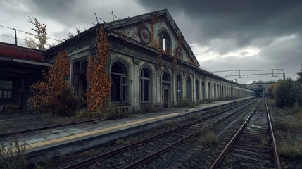 Fototapeta premium Abandoned Train Station Overgrown Railway Platform Autumnal Scenery Gloomy Atmosphere Decay