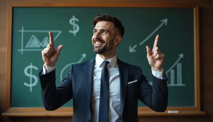 Middle aged male financial advisor explaining embedded finance risks and returns in graph