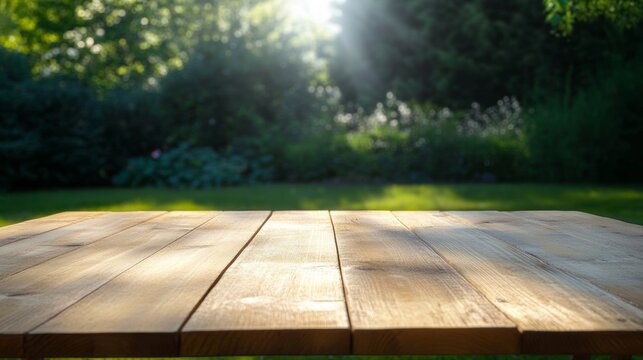 Front View Of An Empty Wooden Table On A Green Ga Ae2094fc-6 544