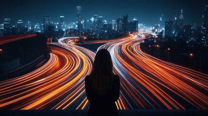 Night City Crossroads: A Woman's Contemplation Amidst Urban Lights