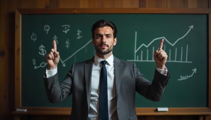 Middle aged male financial advisor explaining embedded finance risks and returns in graph