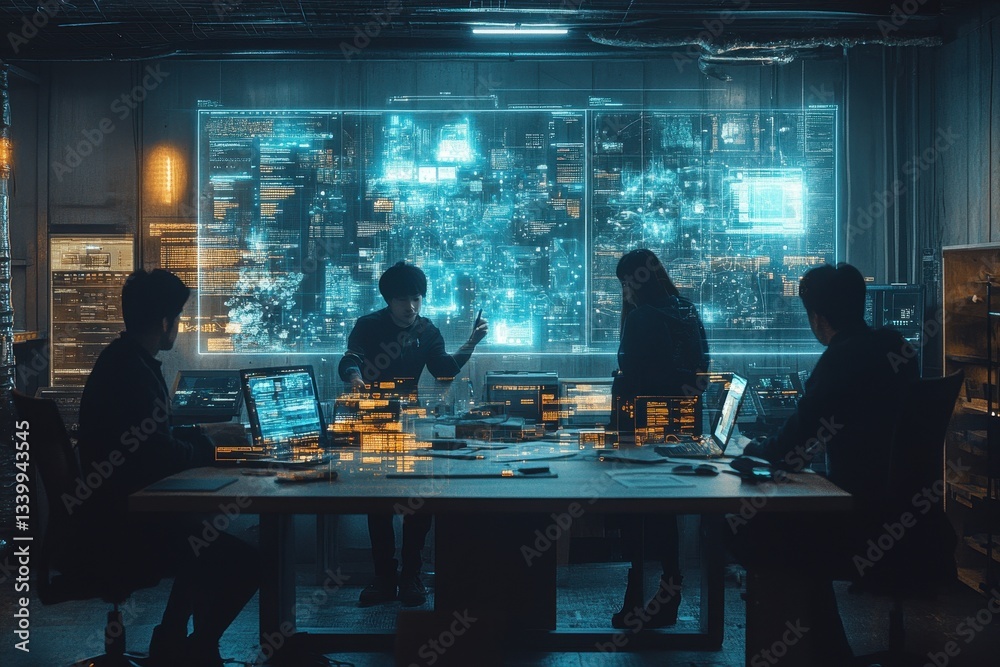 Poster Workers collaborate in a modern office environment during evening hours, surrounded by glowing screens and creative lighting effects