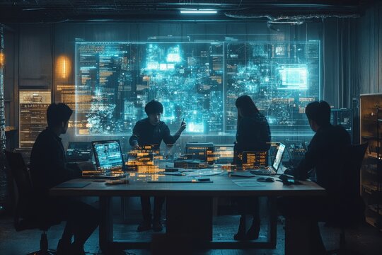 Workers collaborate in a modern office environment during evening hours, surrounded by glowing screens and creative lighting effects