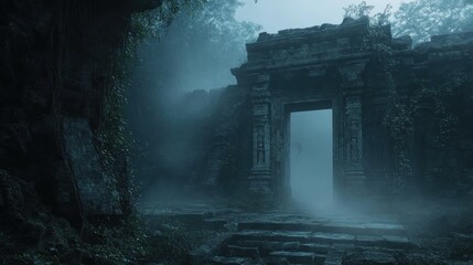 Ancient Stone Gateway in Misty Forest