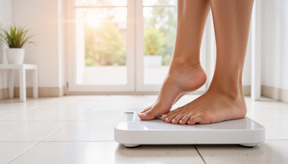 Concept of weight loss with person standing on scale in bright morning light