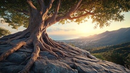 Fototapeta premium Ancient Tree on Rocky Clifftop at Sunset