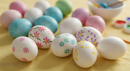 Fototapeta premium Beautiful Easter eggs with marble patterns and floral designs, showcasing vibrant spring colors and festive creativity