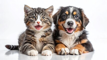 Adorable Bernese Mountain Dog Puppy and Gray Tabby Cat Playing - Happy Pets Stock Photo