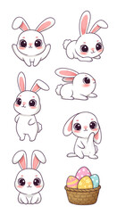 Fototapeta premium Collection of adorable cartoon bunnies in different poses, with a festive Easter egg basket